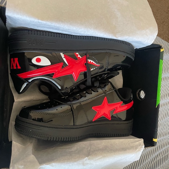 Bape men's Sneakers with Red Star and Shark Design